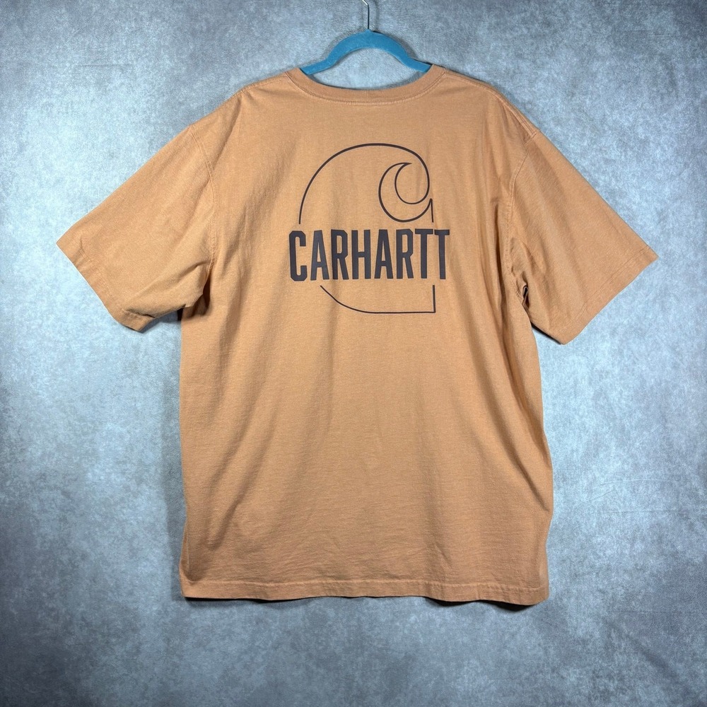 Carhartt Shirt Mens Size XL Orange Graphic Logo Print Loose Fit Workwear Pocket